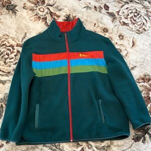 cotopaxi Teal Fleece Jacket with Red, Blue & Green Stripes